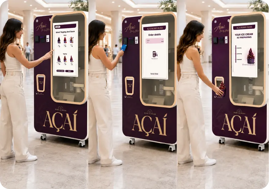 Customer ordering acai ice cream on a touchscreen vending machine